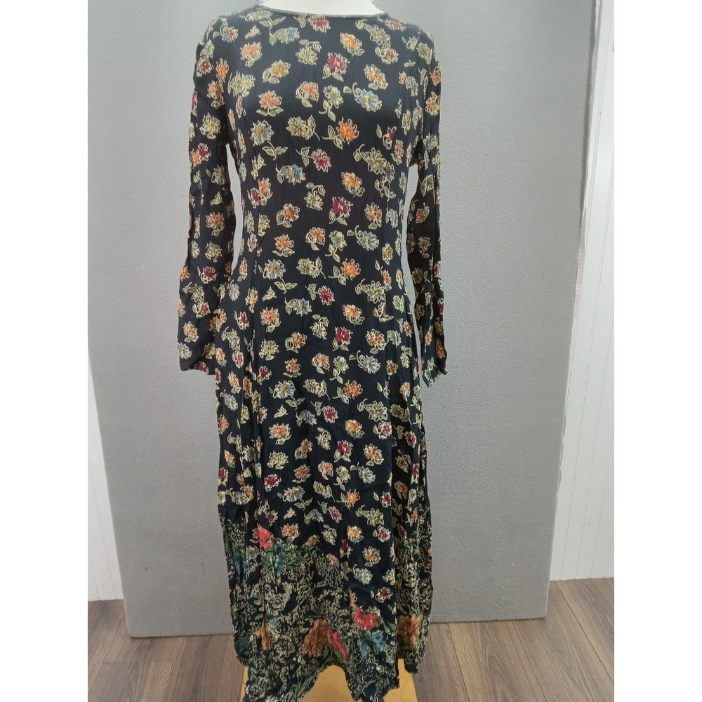 Adini Maxi Dress Womens Sz P Black Floral Cottagecore Rayon Long Sleeve Casual‎ - Picture 2 of 12